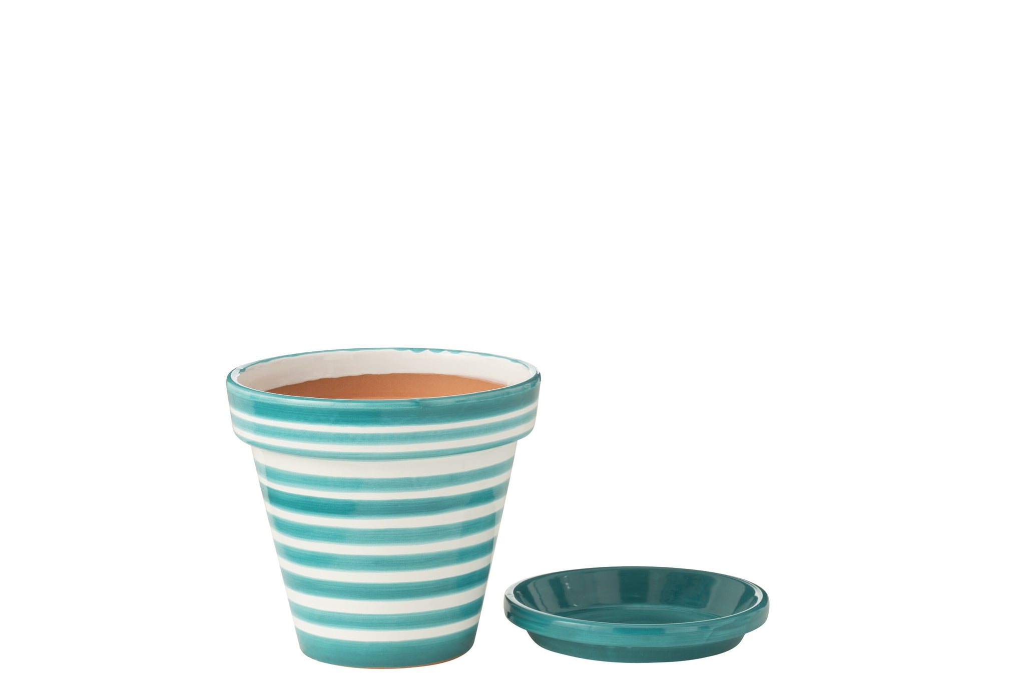 Bloempot + Bord Granada Strepen Handgemaakt/Handbeschilderd Keramiek Aqua/Wit Medium