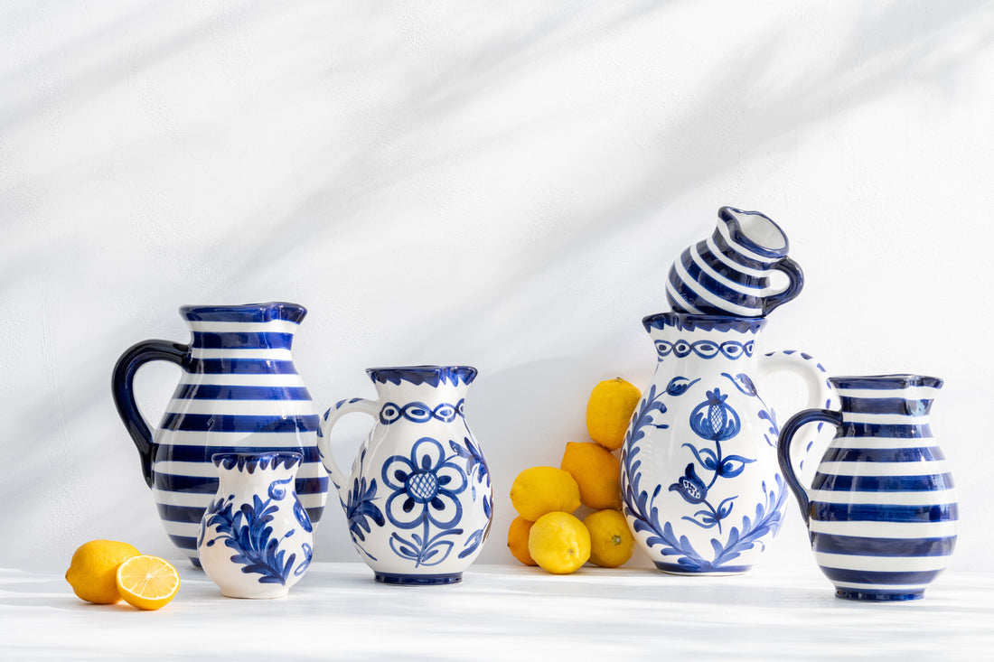 Pitcher Granada Strepen Keramiek Wit/Kobaltblauw Medium
