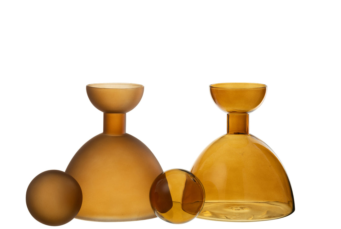 Vaas Fles+Dop Rond Glas Glanzend/Mat Bruin Assortiment Van 2