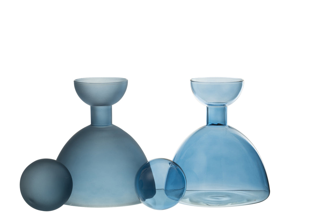 Vaas Fles+Dop Rond Glas Glanzend/Mat Blauw Assortiment Van 2