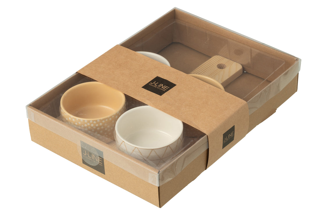 Tapas Service 4 Sets + Houten dienblad Raamdoos Crème/Wit