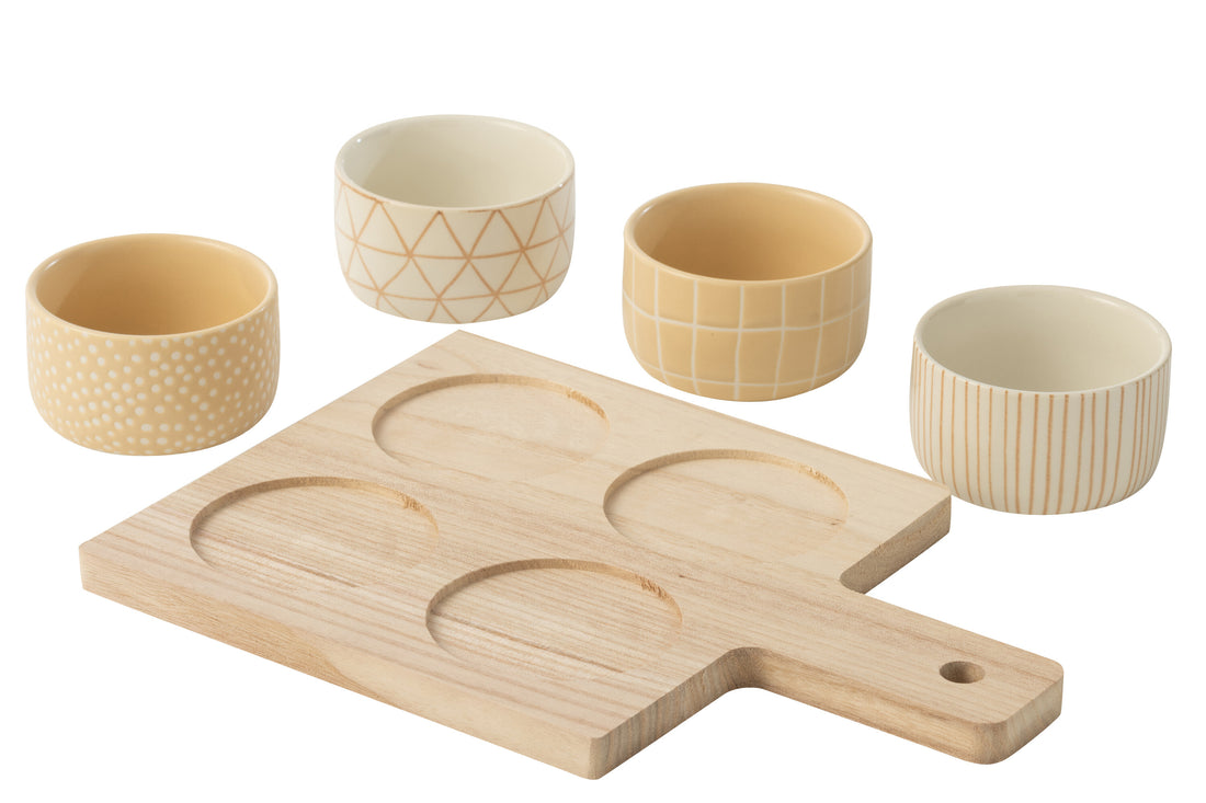 Tapas Service 4 Sets + Houten dienblad Raamdoos Crème/Wit