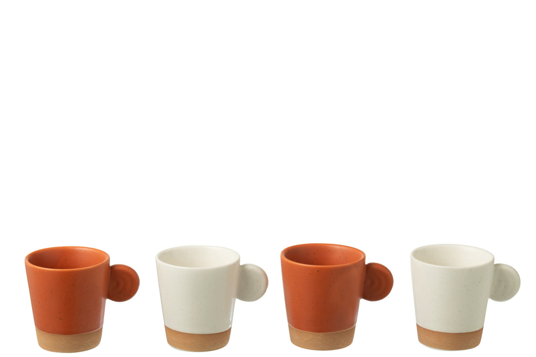J-Line Doos met 4 koffiekopjes van aardewerk in oranje/wit.