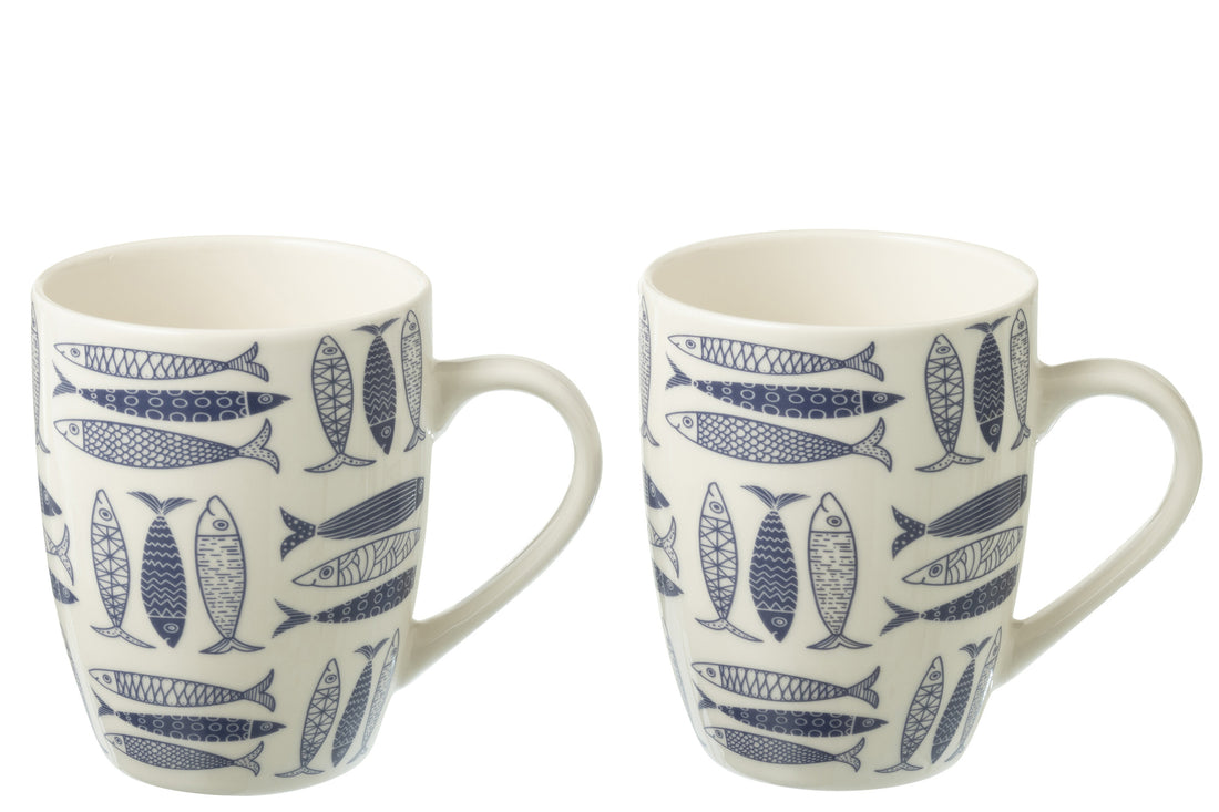J-Line Doos met 2 mokken vis keramiek donkerblauw
