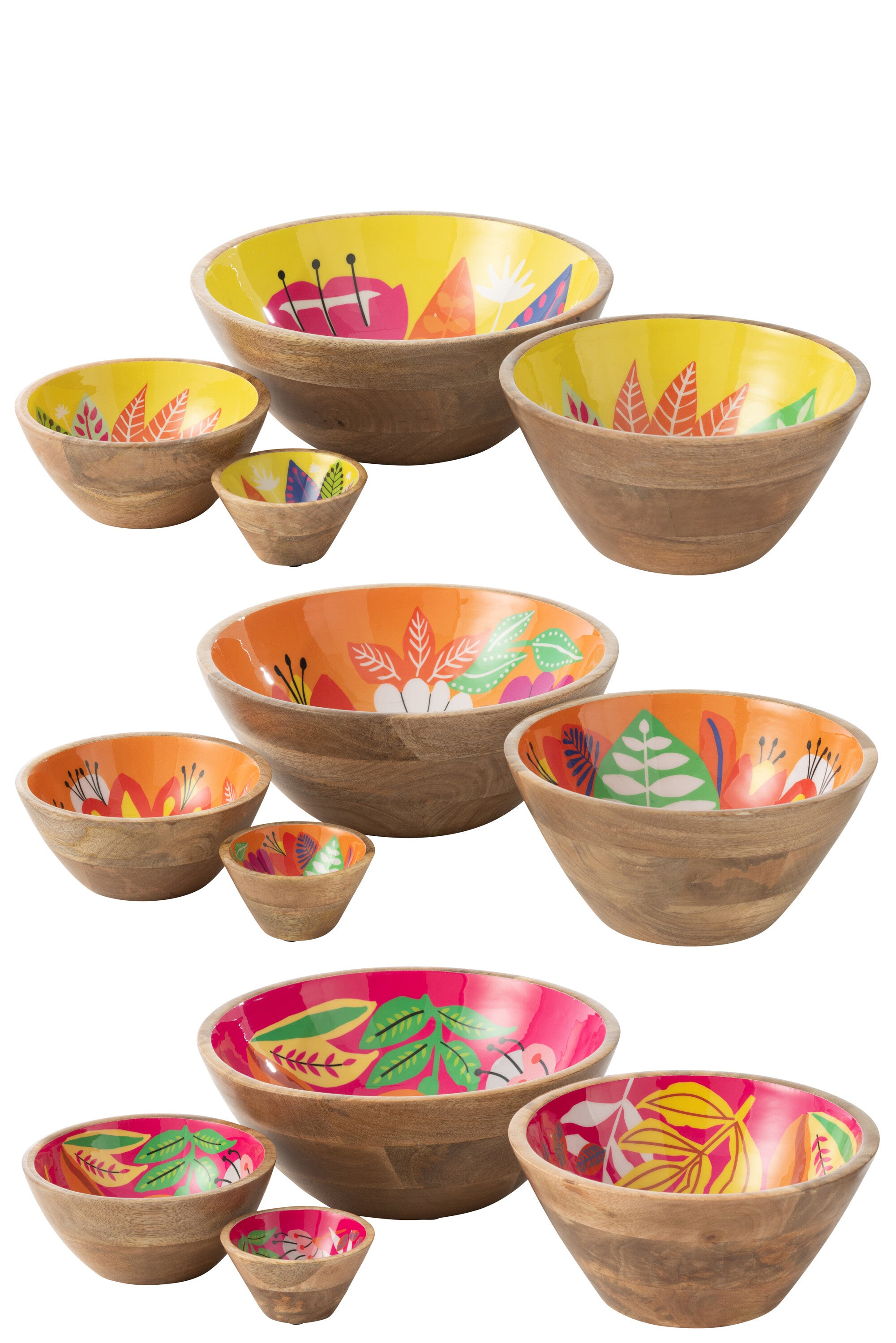 Kom Floral Pattern Mangohout Roze/Oranje/Geel Groot Assortiment Van 3