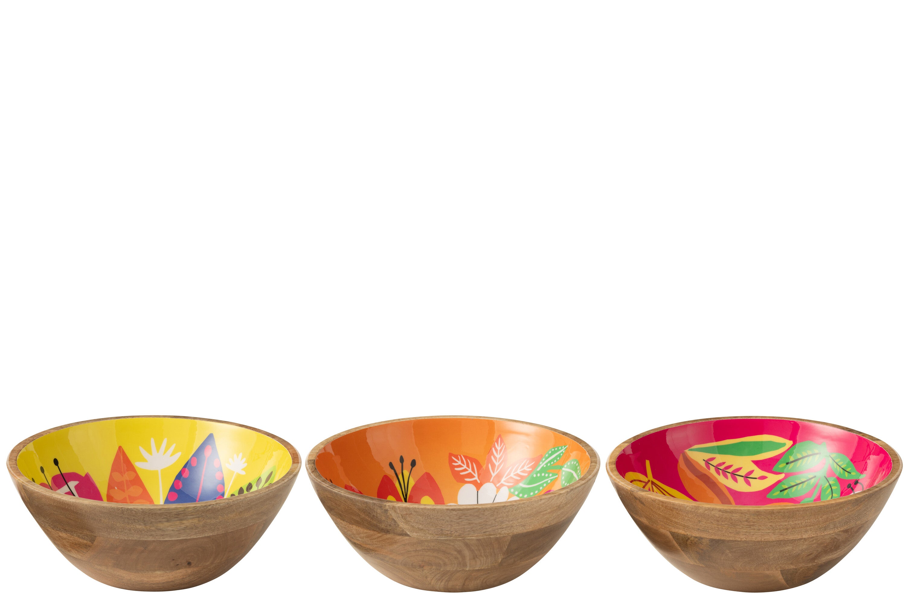 Kom Floral Pattern Mangohout Roze/Oranje/Geel Groot Assortiment Van 3