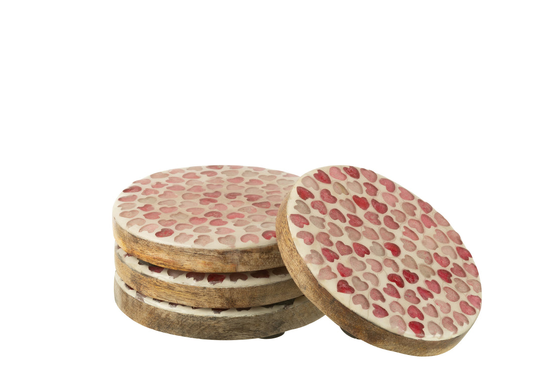 Set van 4 onderzetters hart mozaïek mangohout roze