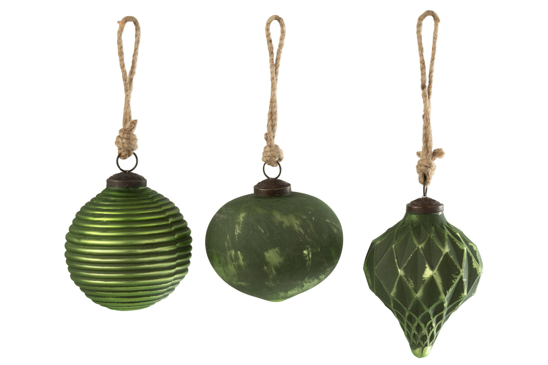 Kerstbal Geoxideerd Glas Groen Groot Assortiment Van 3
