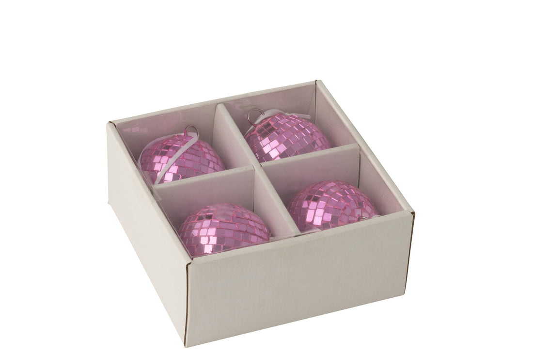 Doos van 4 kerstbal spiegelglas roze klein