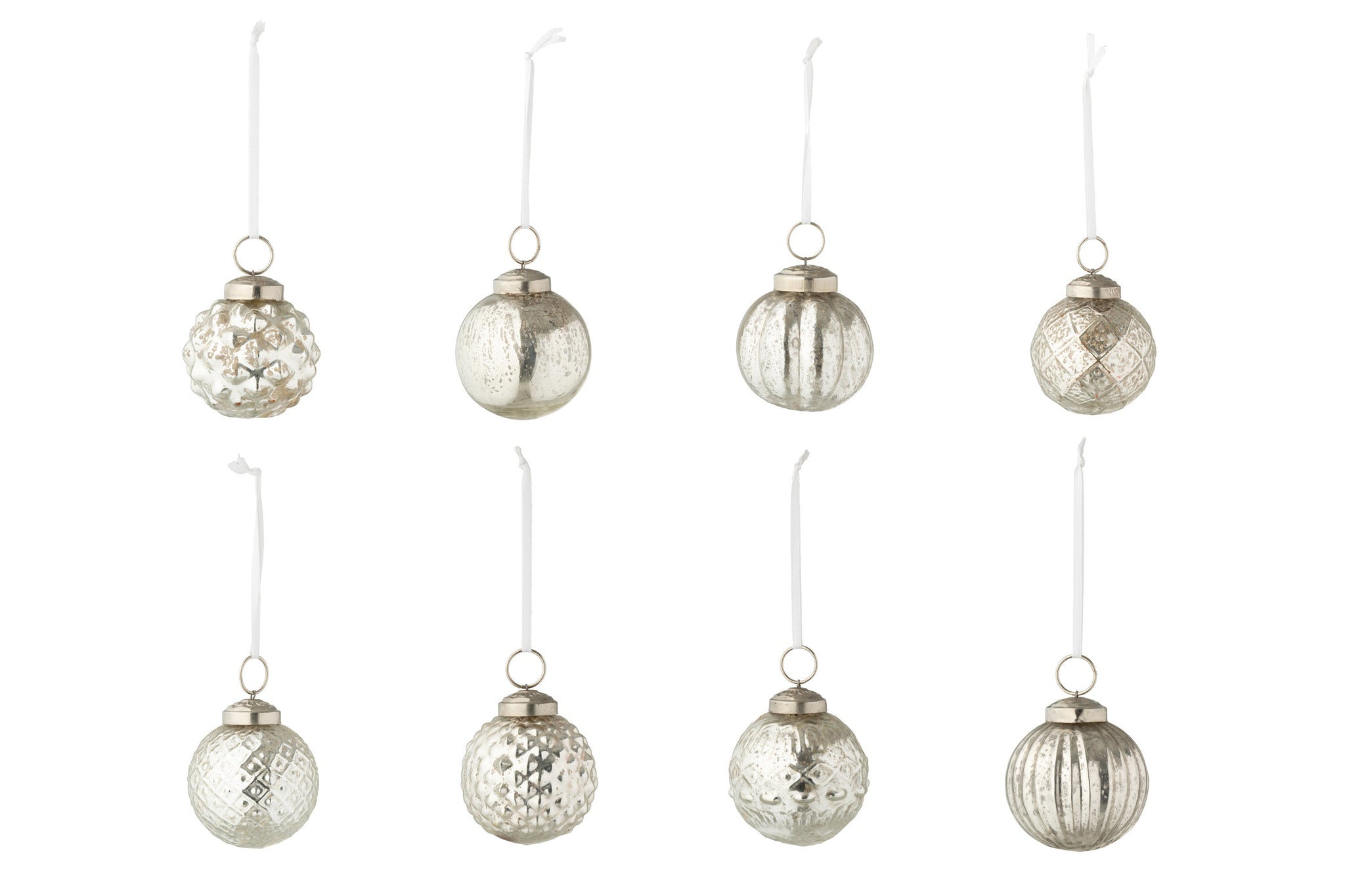 Doos van 40 kerstballen 8 patronen glas zilverkleurig