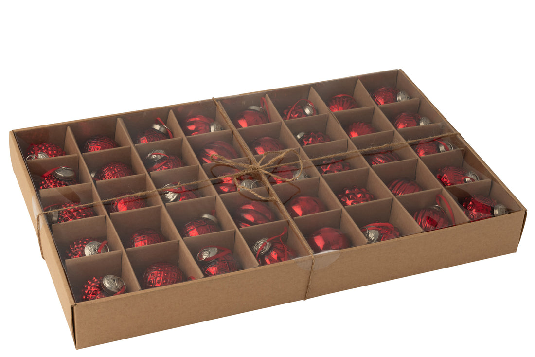 Doos van 40 kerstballen 8 patronen glazen kerst rood