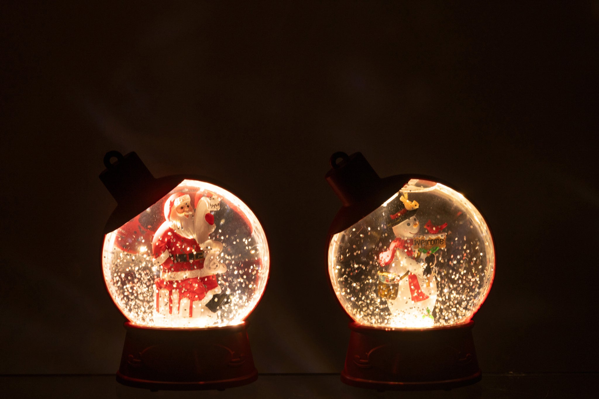 Hanger Water Globe Snowman + Santa Claus Plastic Christmas Red Assortment Of 2