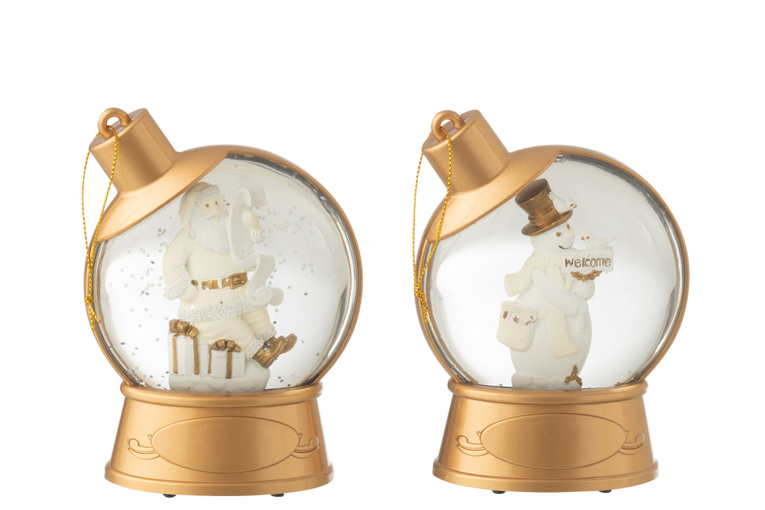 Hanger Water Globe Snowman + Santa Claus Plastic White Assortment Of 2