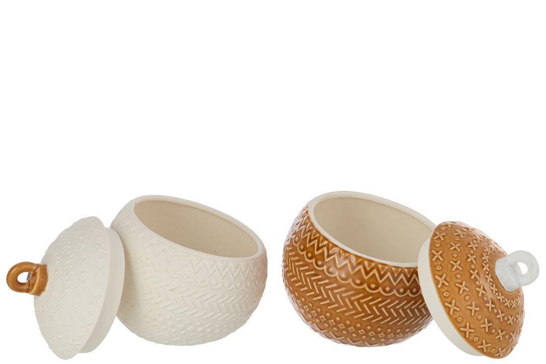 Pot Decoratieve Kerstbal Porselein Wit/Mosterdgeel Assortiment Van 2