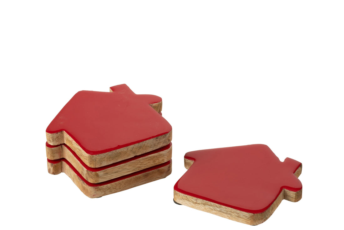 Set van 4 onderzetters Huis Mangohout Kerst Rood/Natuurlijk