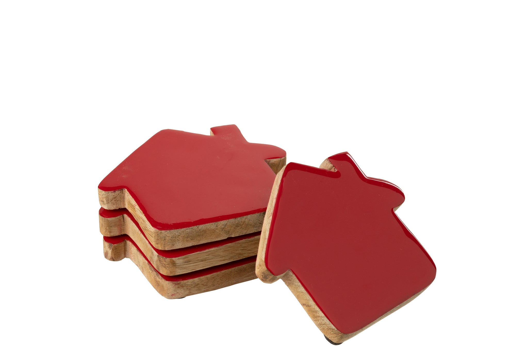 Set van 4 onderzetters Huis Mangohout Kerst Rood/Natuurlijk