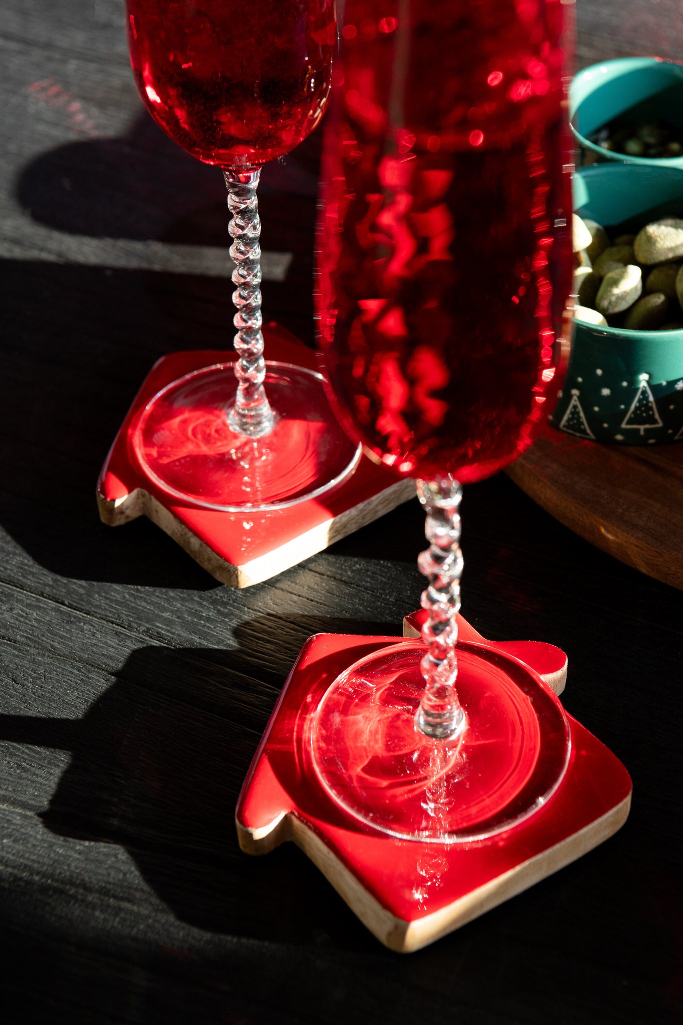Set van 4 onderzetters Huis Mangohout Kerst Rood/Natuurlijk
