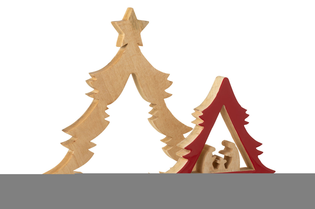 Kerststal in boom + ster mangohout kerst rood/natuurlijk