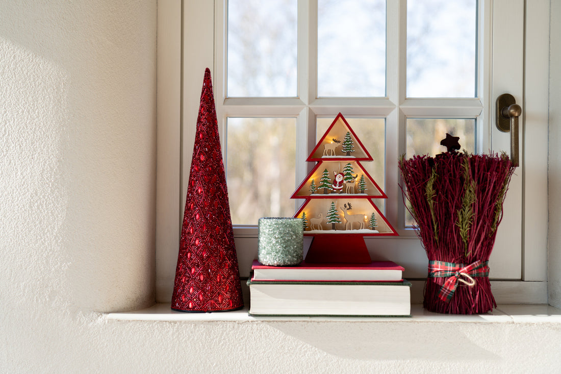 Set van 3 kegelvormige ijzeren/kralen kerstdecoratie rood