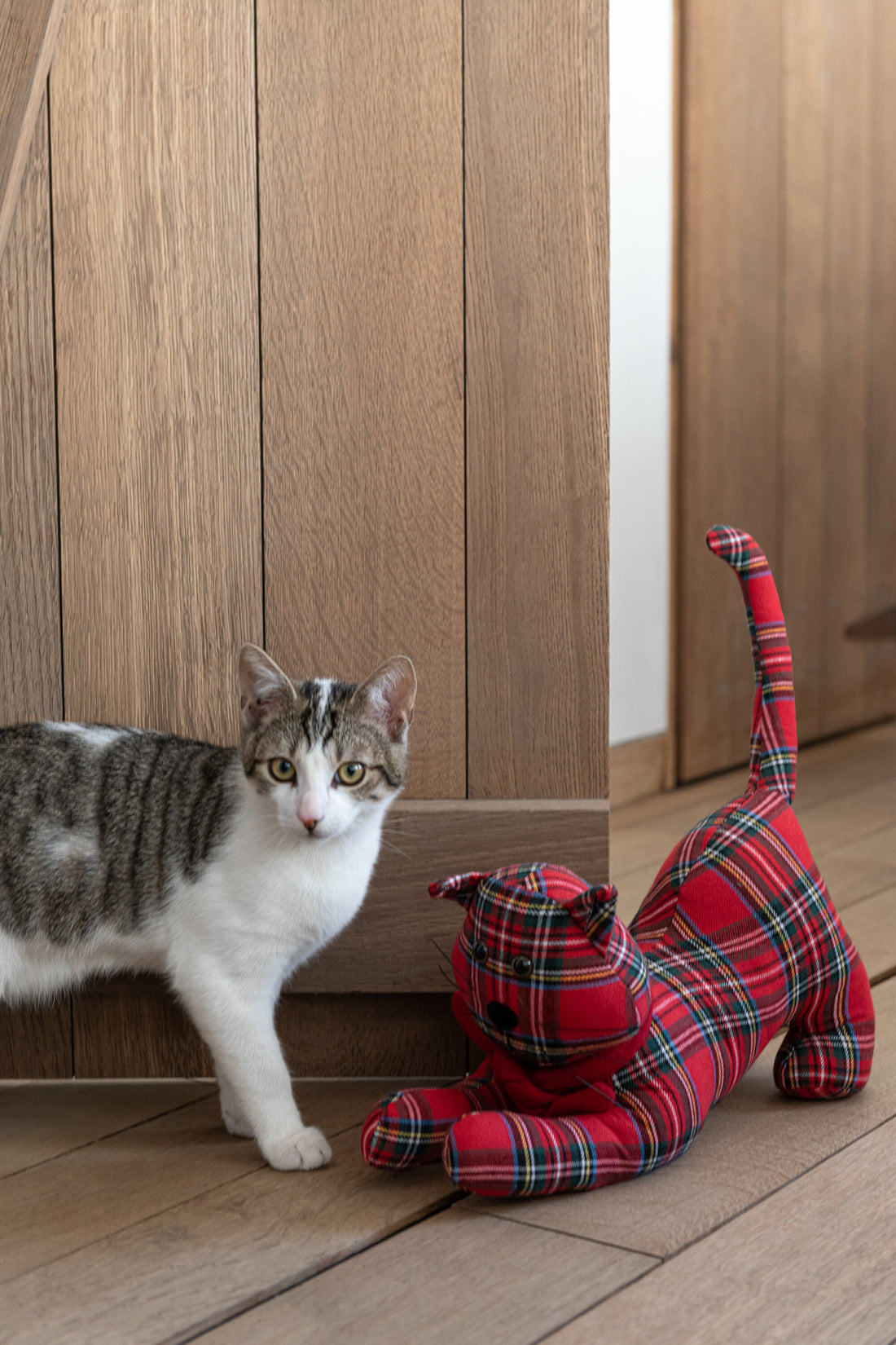 Deurstopper Kat Geruit Polyester Kerst Rood/Donkergroen Assortiment Van 2