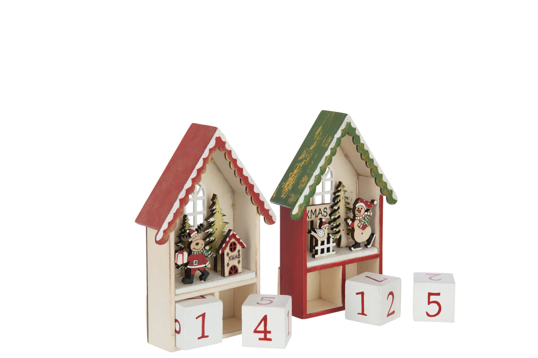 Huis Adventskalender met LED-verlichting van multiplex Kerst Rood/Donkergroen Assortiment van 2