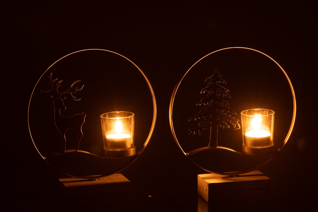 Theelichthouder Rond Rendier Hout Goudkleurig/Wit Assortiment Van 2