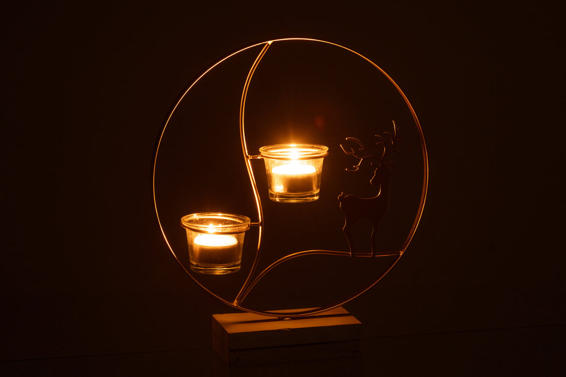 Theelichthouder Rendier Rond Hout Goudkleurig/Wit