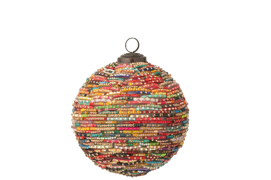 Kerstbal kralen glas roze/goudkleurig medium