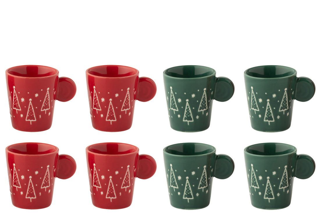 Doos van 4 koffiekopjes Keramische kerst Rood/donkergroen Assortiment van 2