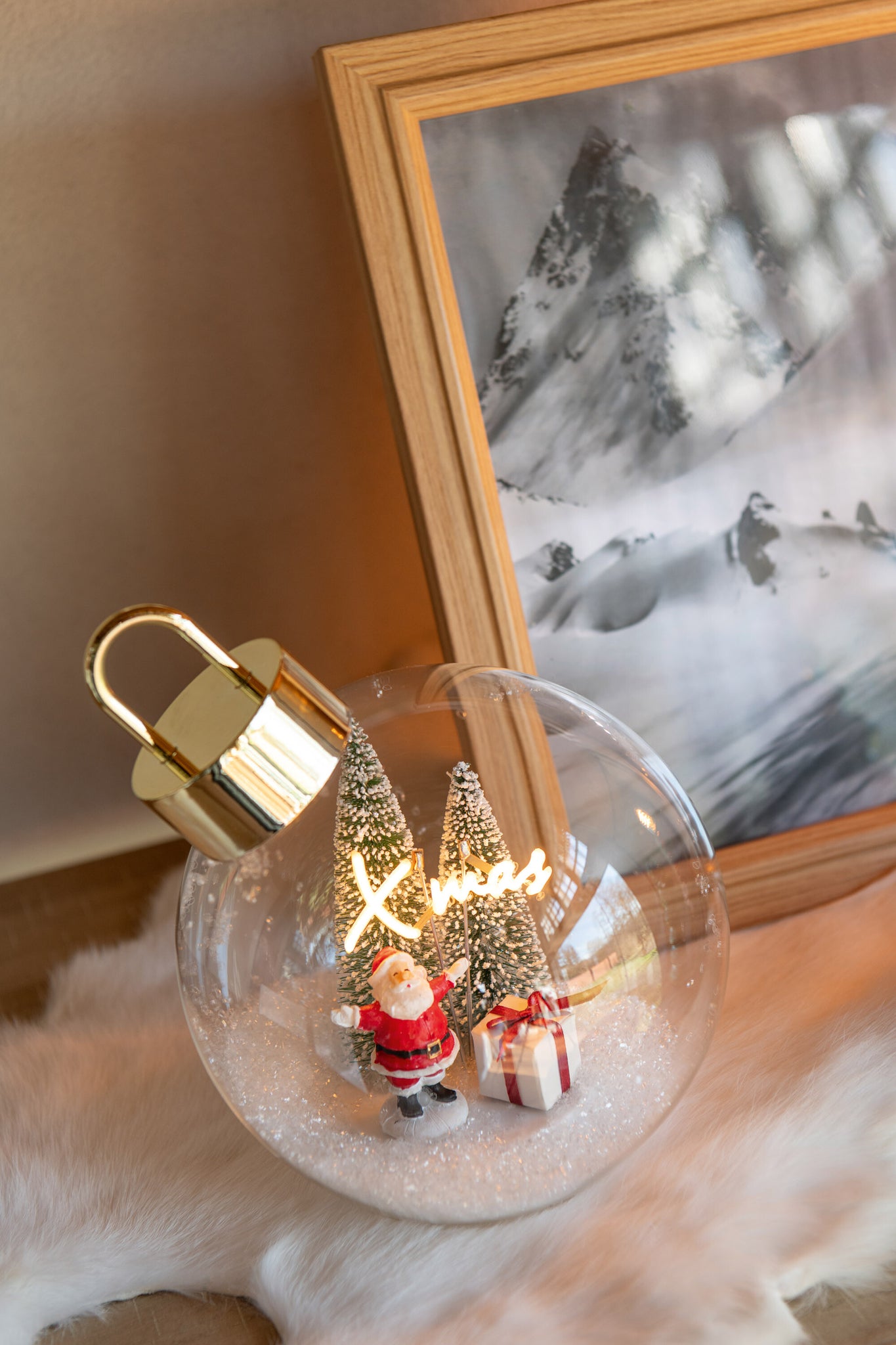 Kerstbal met LED-verlichting, Kerstman, glas, wit/rood, groot