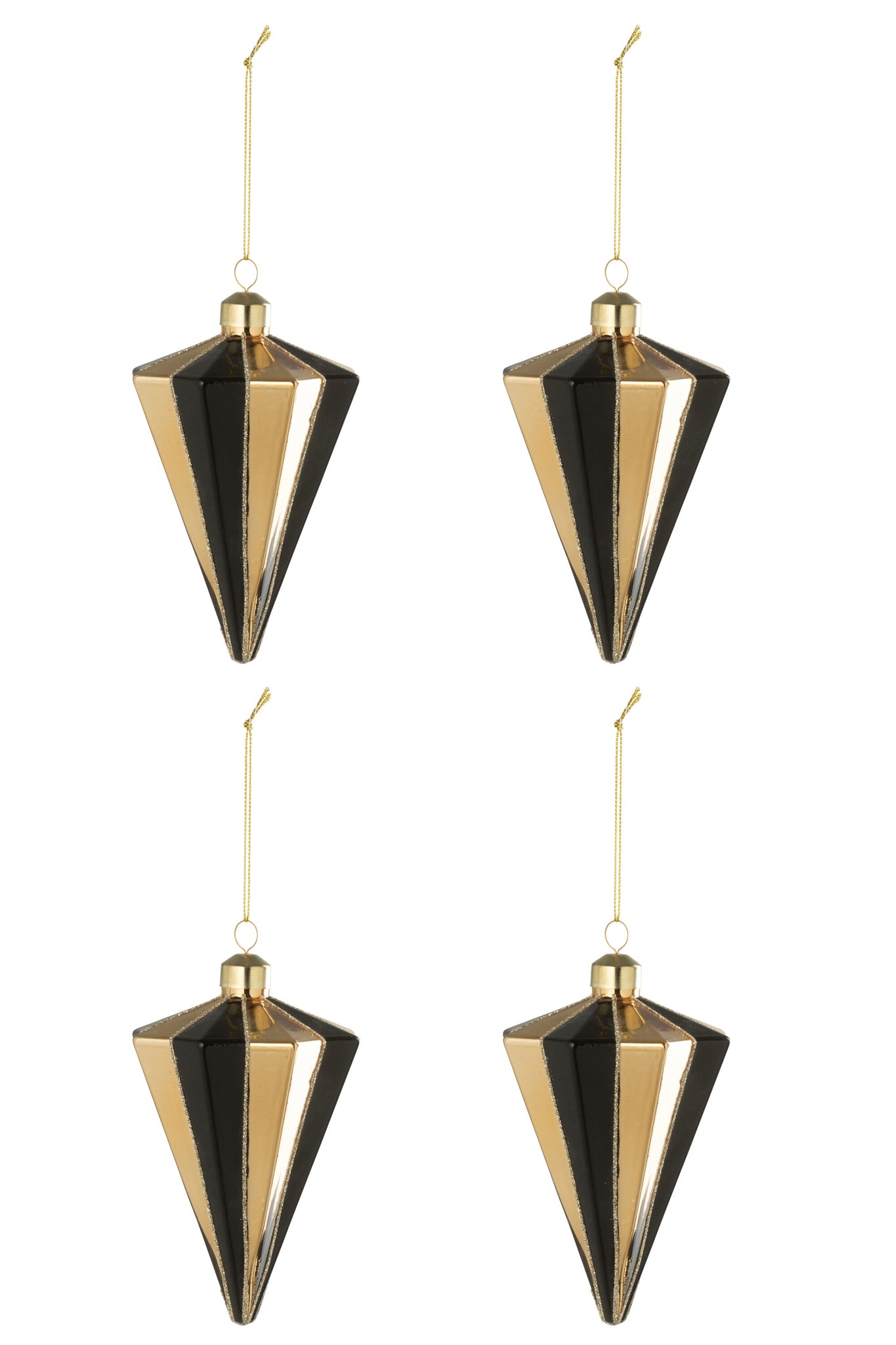 Doos van 4 kerstbal diamant gestreept glas goudkleurig/zwart