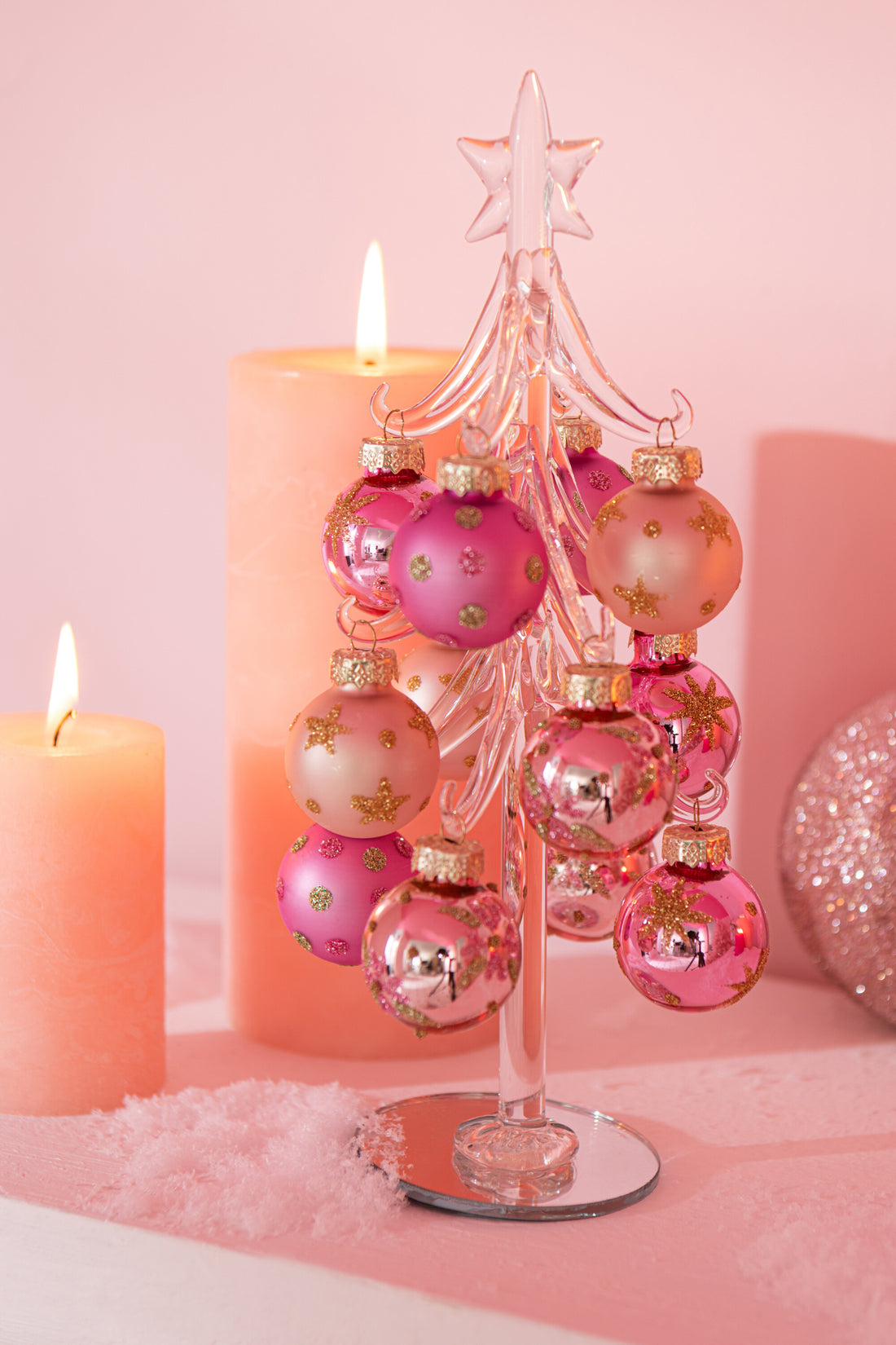 Kerstboom + Ballen Glas Roze/Transparant Klein