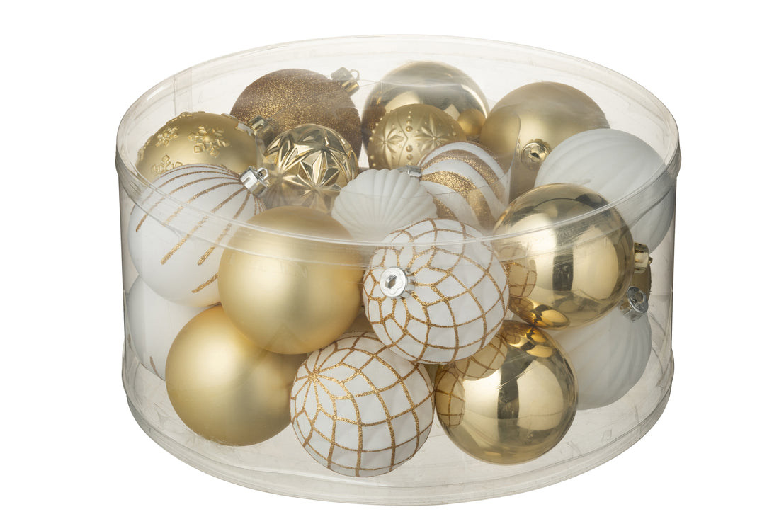 Doos van 30 kerstbal plastic wit/goudkleurig