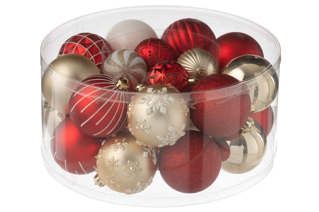 Doos met 30 kerstbal plastic kerst rood/goudkleurig