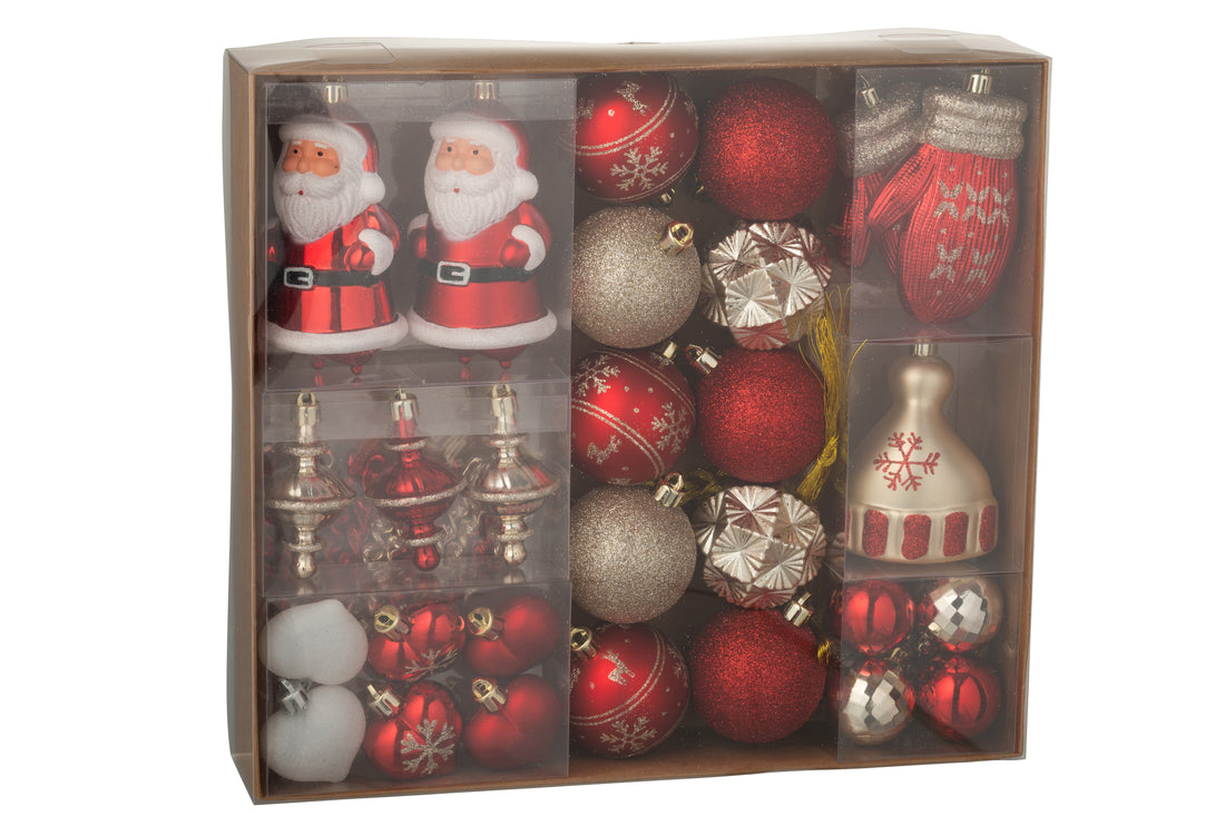 Doos met 45 kerstbal plastic kerst rood/goudkleurig