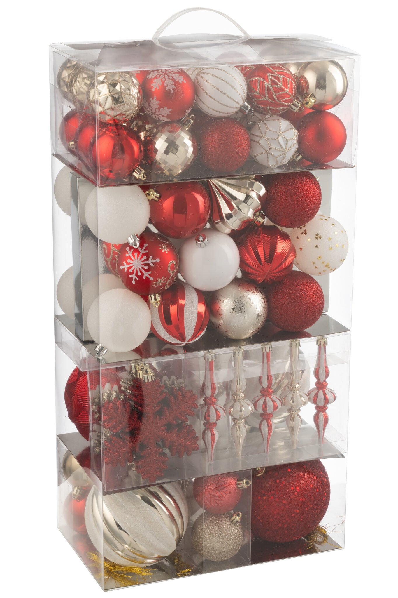 Doos met 80 kerstbal plastic kerst rood/goudkleurig