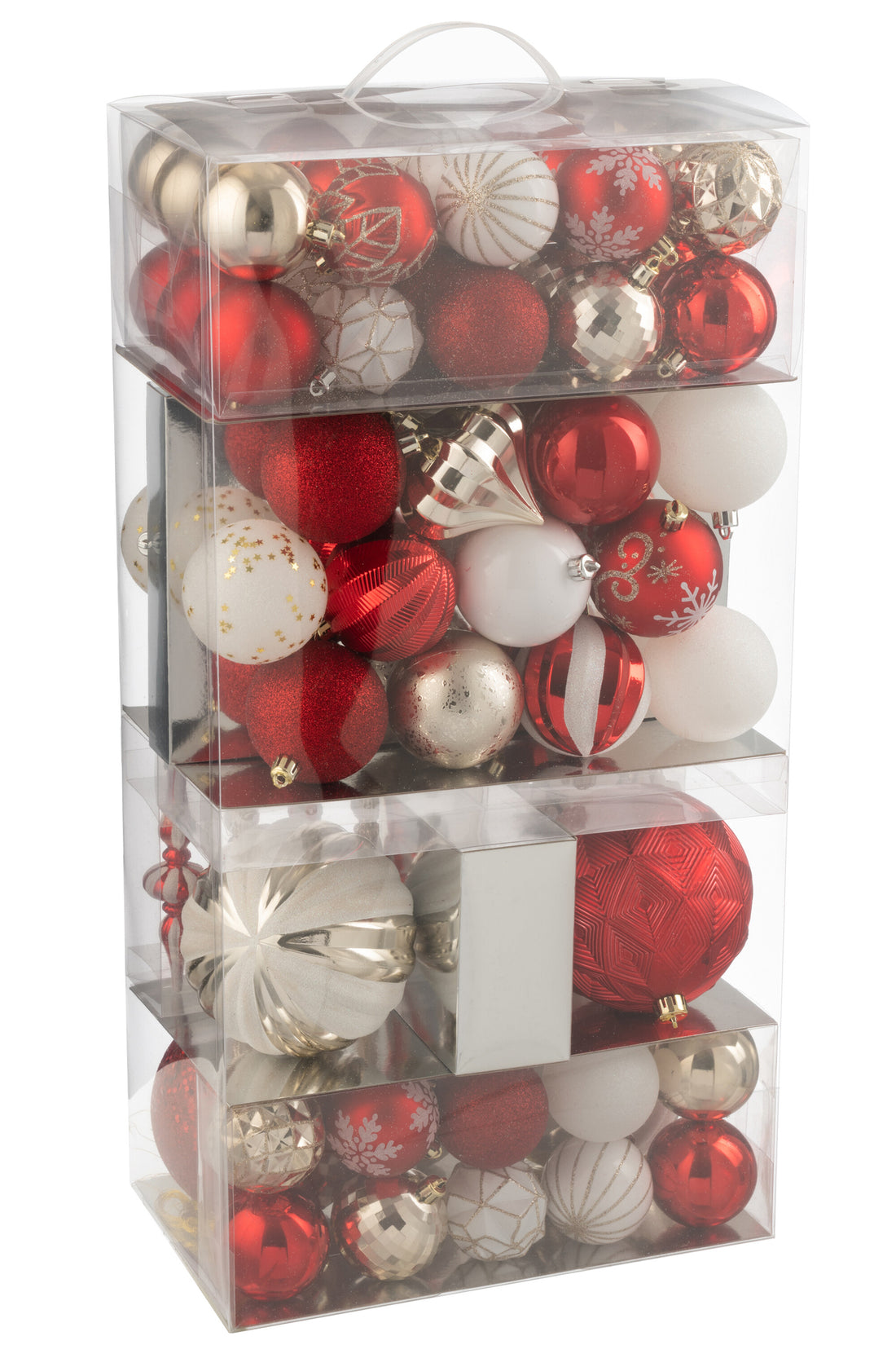 Doos met 80 kerstbal plastic kerst rood/goudkleurig