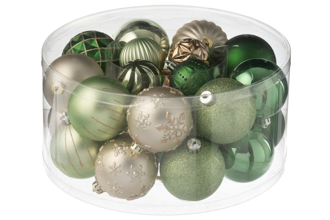 Doos met 30 kerstbal plastic muntgroen/ecru