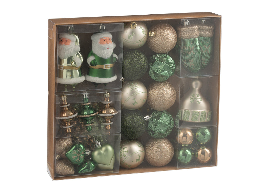 Doos met 45 kerstbal plastic muntgroen/ecru