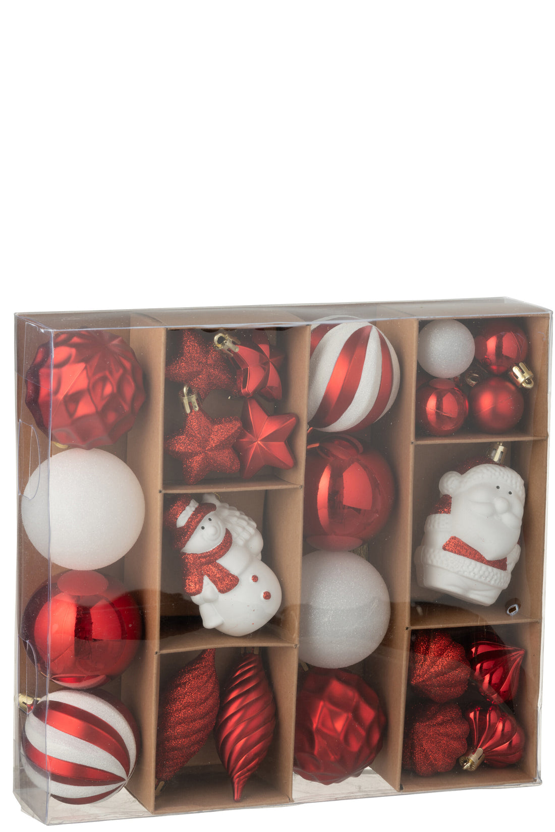 Doos met 28 kerstbal plastic kerst rood/wit