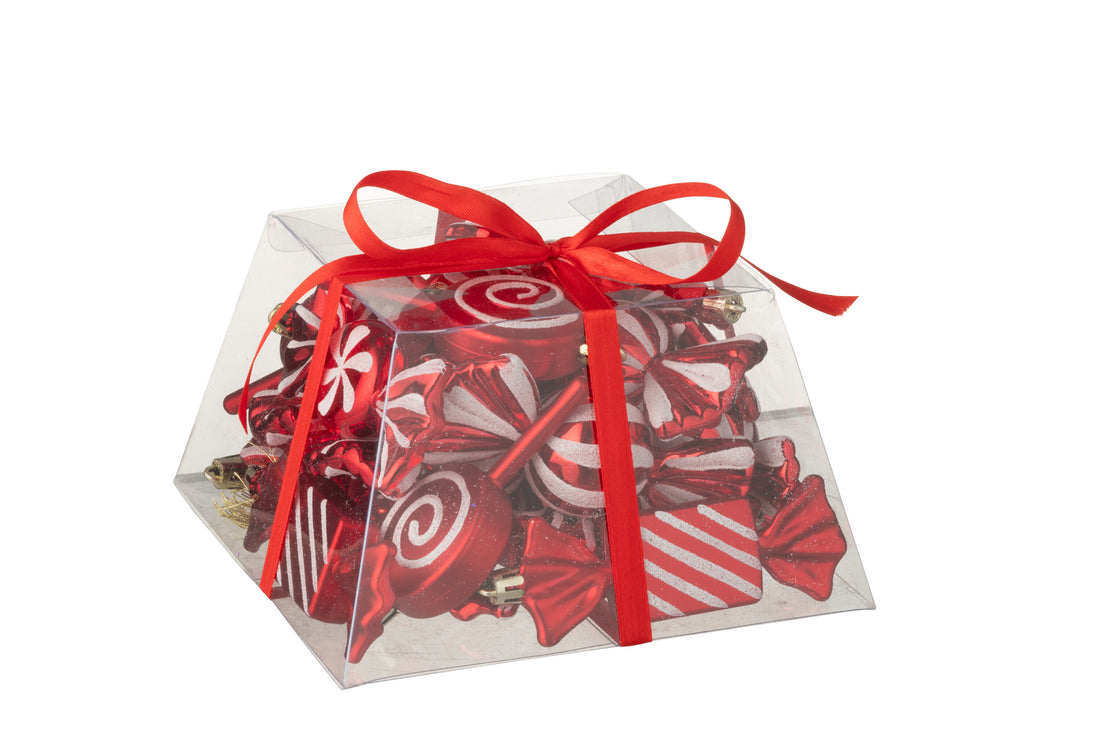 Doos van 25 hanger snoep plastic kerst rood