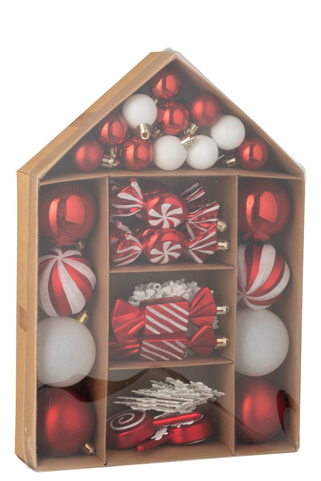 Doos met 59 kerstbal plastic kerst rood/wit