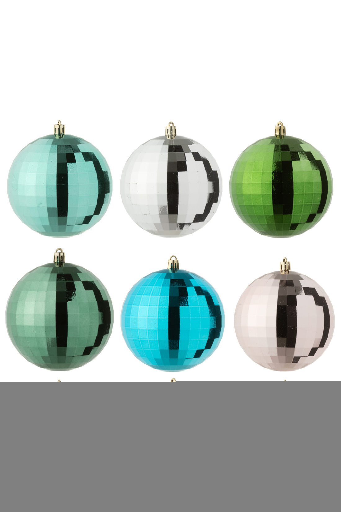 Doos met 9 kerstbal discos van plastic in verschillende kleuren.