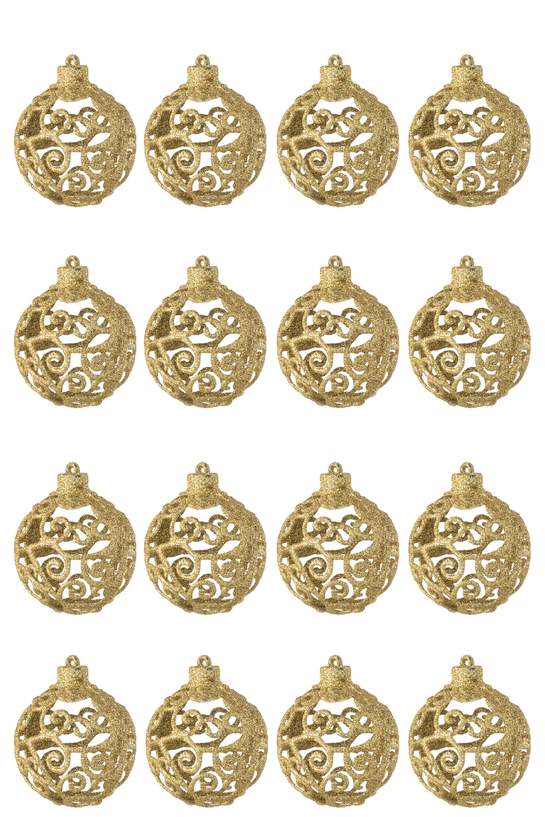 Doos met 16 kerstballen met barokpatroon van plastic in goudkleurige uitvoering.