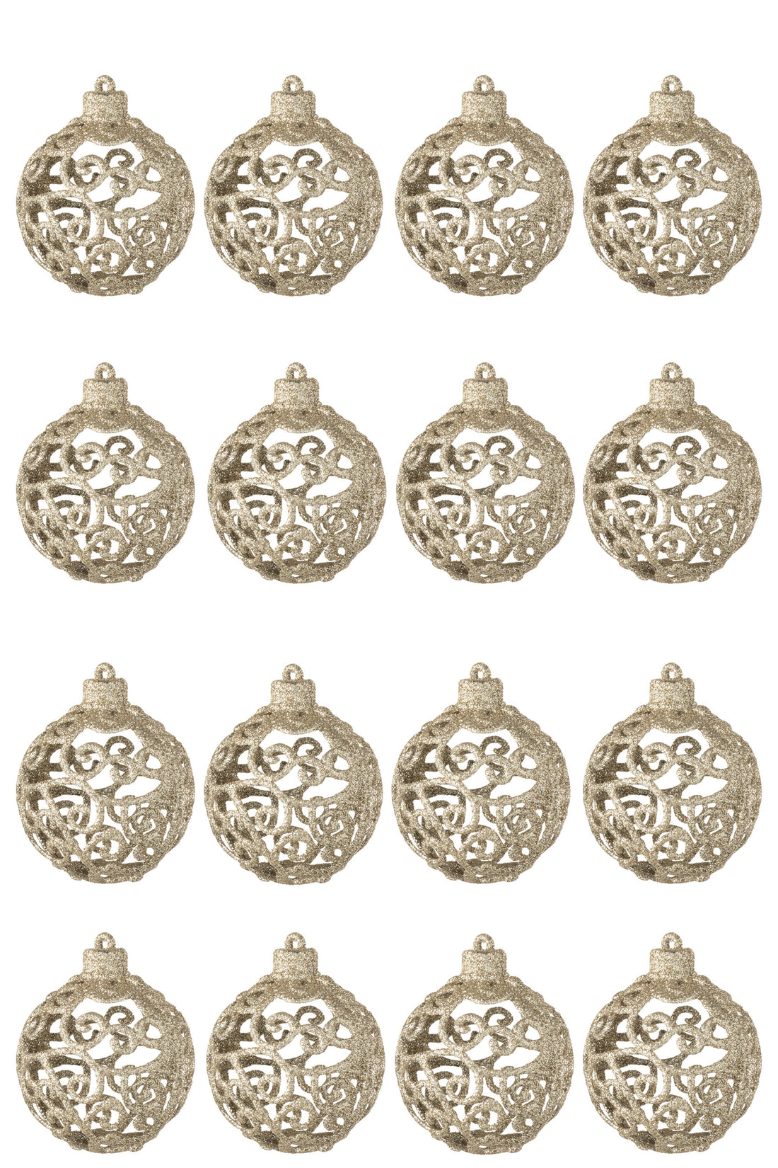 Doos met 16 kerstballen met barokpatroon van plastic in champagnekleur