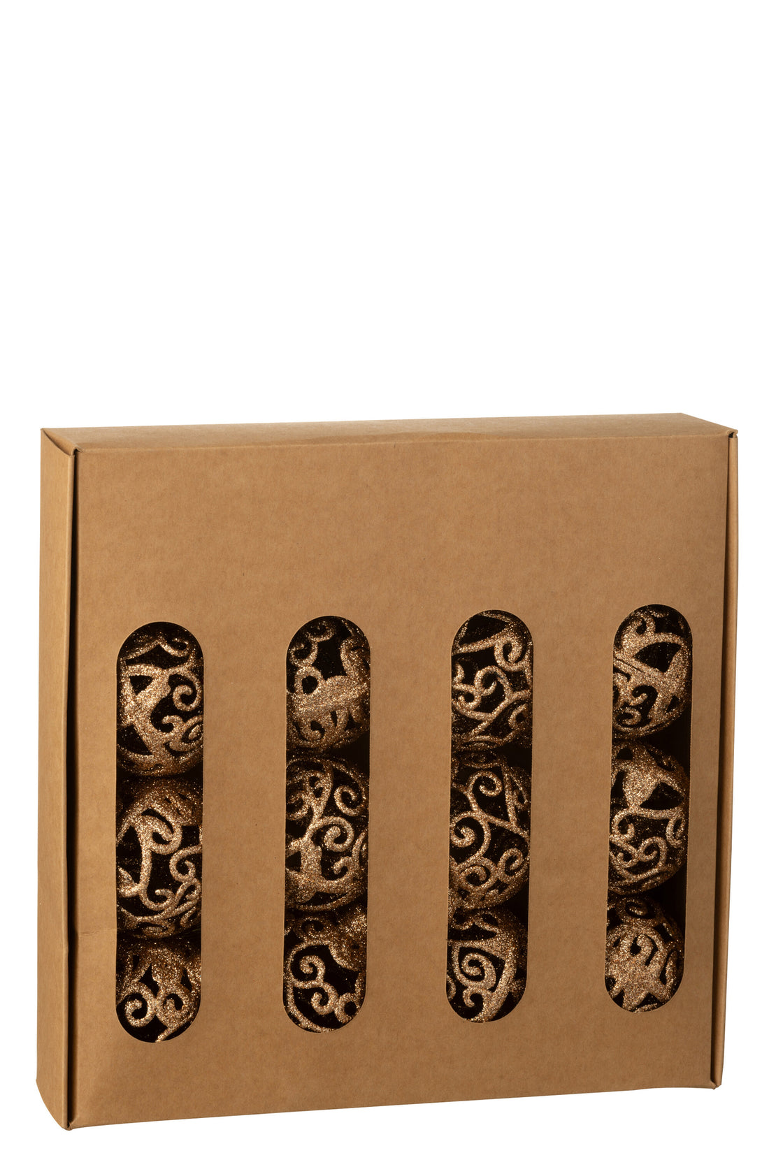 Doos met 16 kerstballen met barokpatroon van plastic in perzikkleur.