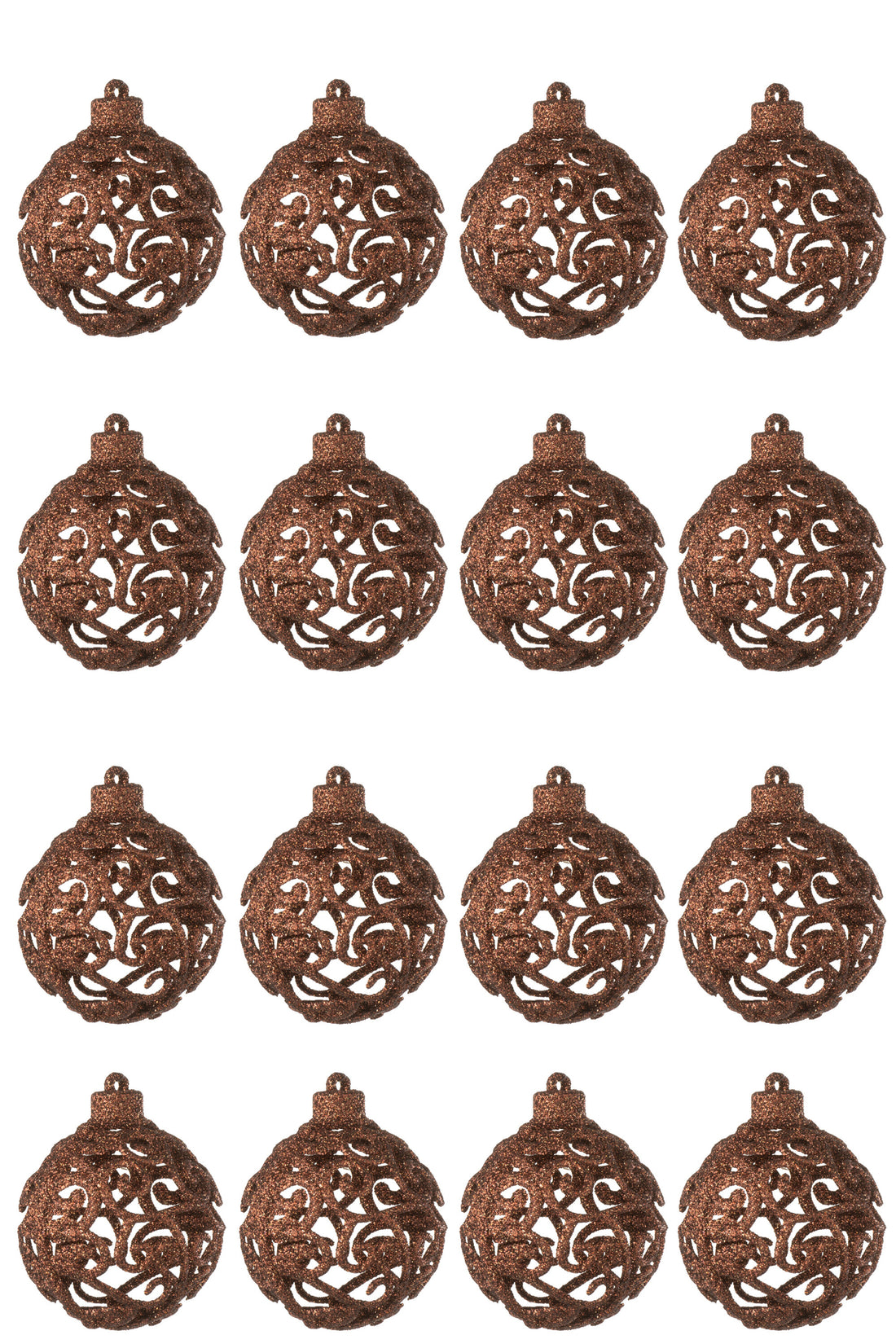 Doos met 16 kerstballen met barokpatroon van donkerbruin plastic.