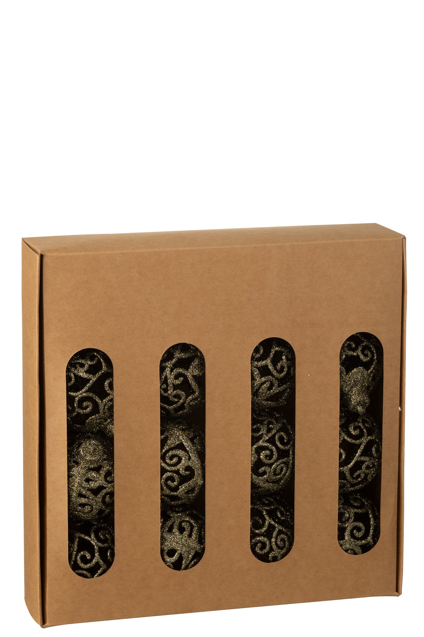 Doos met 16 kerstballen met barokpatroon van plastic in het bruin.