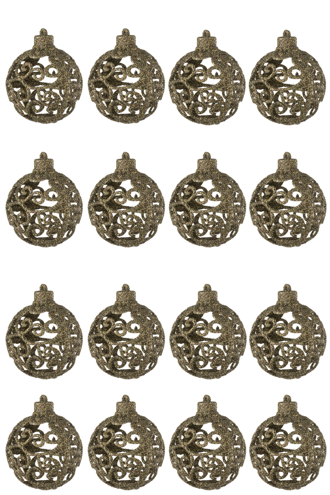 Doos met 16 kerstballen met barokpatroon van plastic in het bruin.