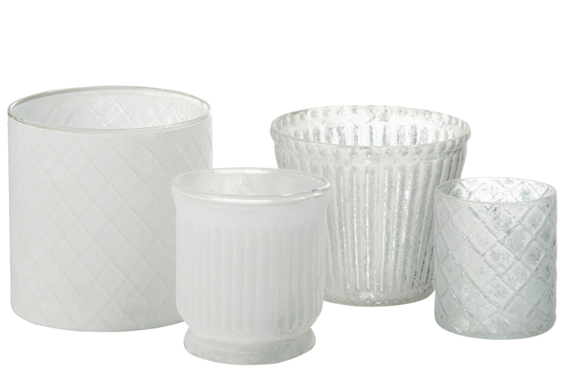 J-Line Theelichthouder Streep Glas Wit 9X9x9,5Cm